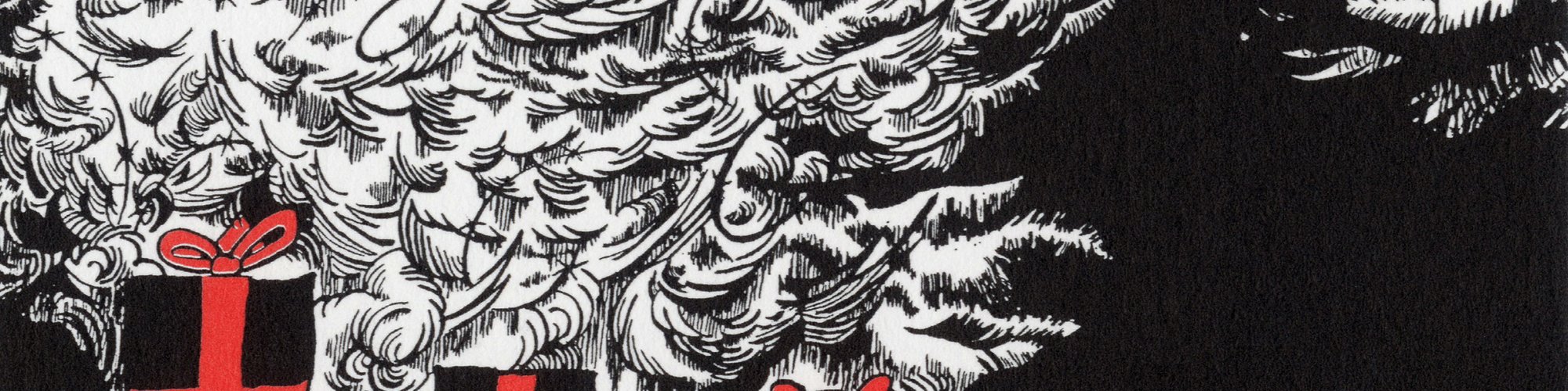 Image: Black and white illustration of three presents wrapped in red bows under a Christmas tree bearing barbed wire. Illustration: Donald Urquhart