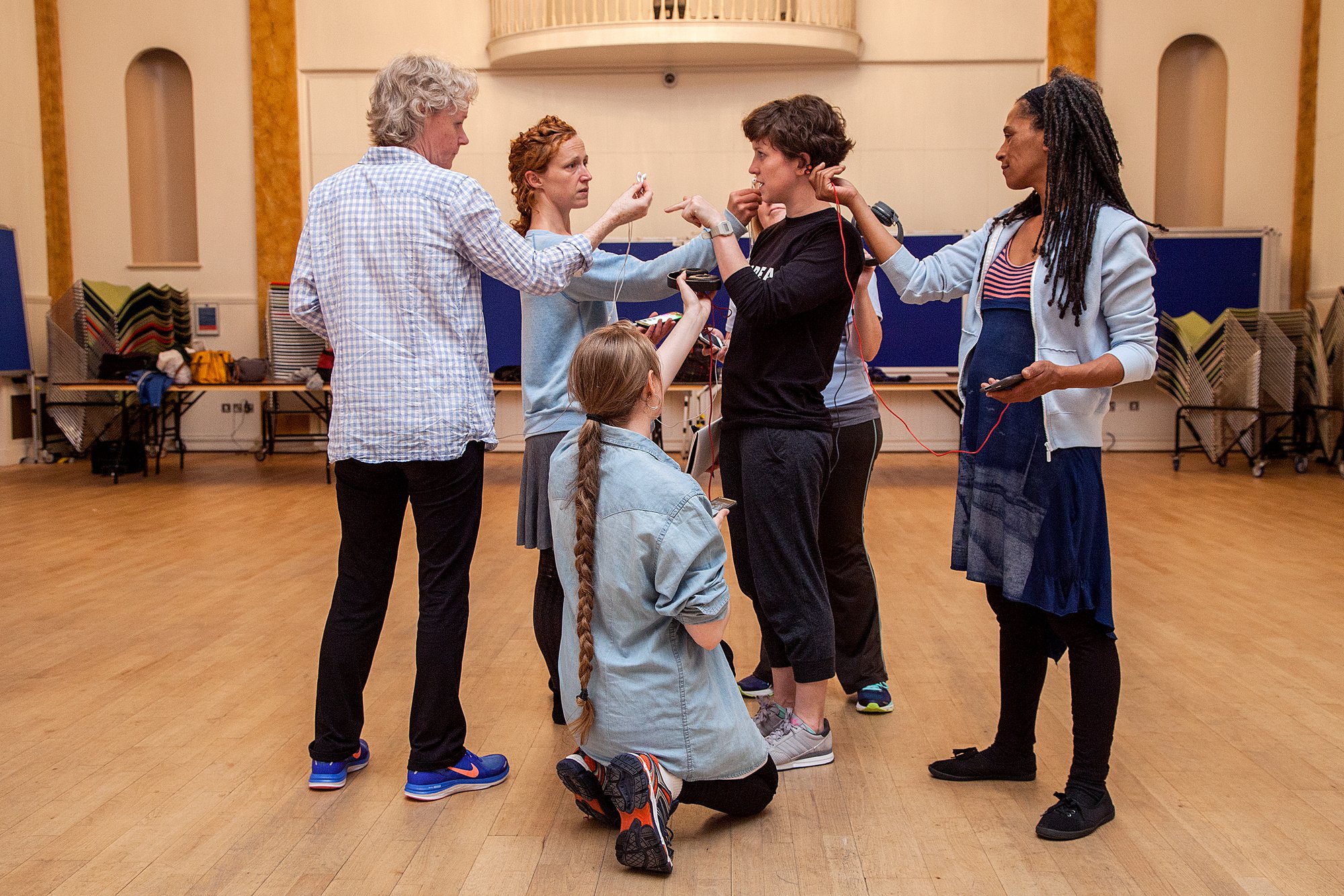 Image: Sarah Browne (second from the right) and performers during rehearsals for The Touching Contract, the Pillar Rooms, Dublin, September (2016). Photograph: Miriam O'Connor