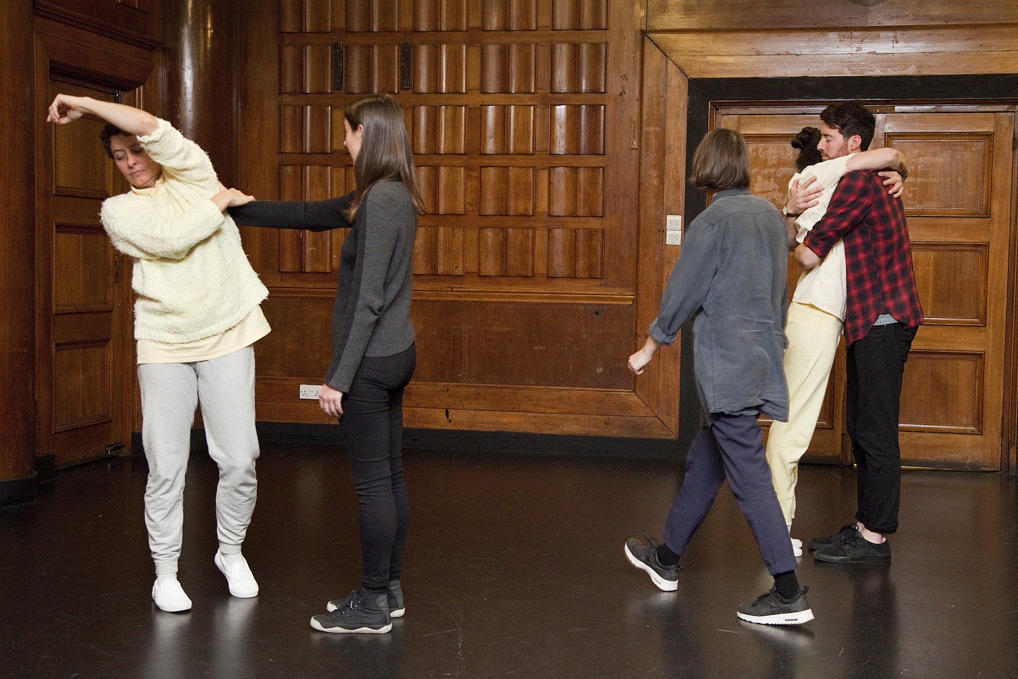 Image: Performers and participants during rehearsal for The Touching Contract, in The Court Room at
Toynbee Studios, London, 18 November (2016). Photograph: Miriam O'Connor